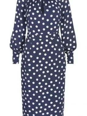 Boden Navy and White Polka Dot Long Sleeve Midi Dress